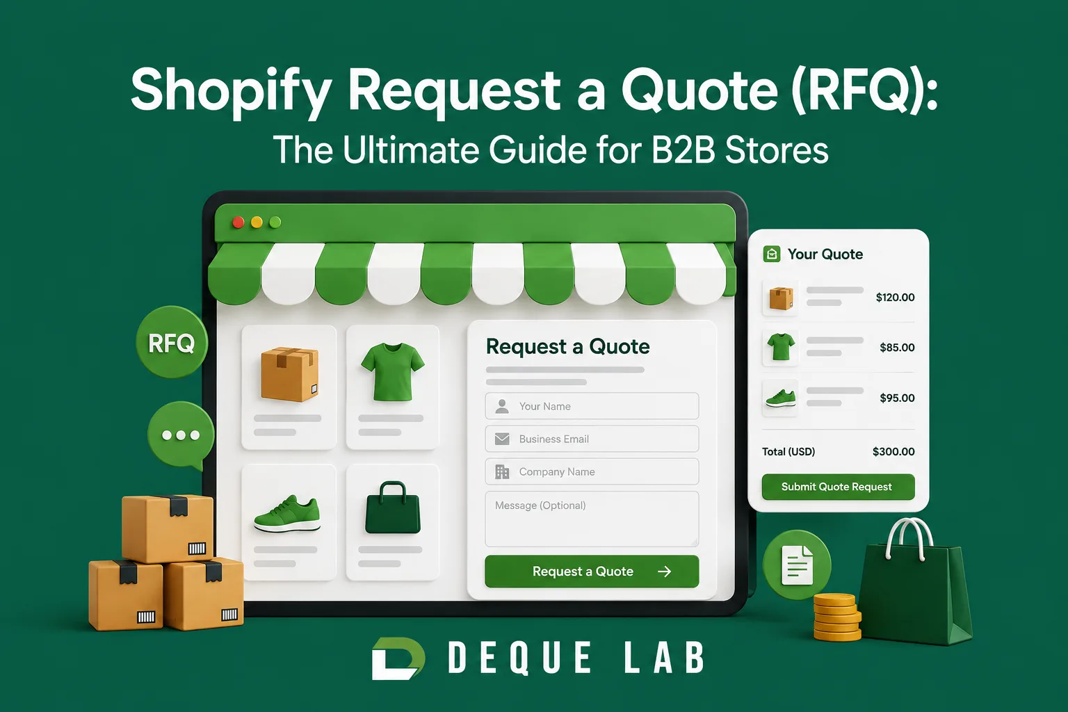 Shopify Request a Quote (RFQ) — a storefront with a Request a Quote form beside a quote summary listing three products and a Submit Quote Request button.
