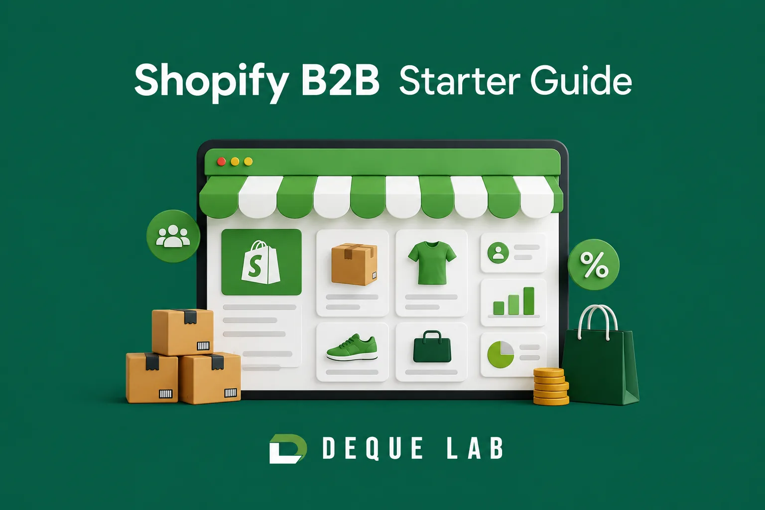 Shopify B2B Starter Guide — a storefront under a green awning showing product cards, company accounts, volume discounts and sales charts, with shipping boxes stacked beside it.